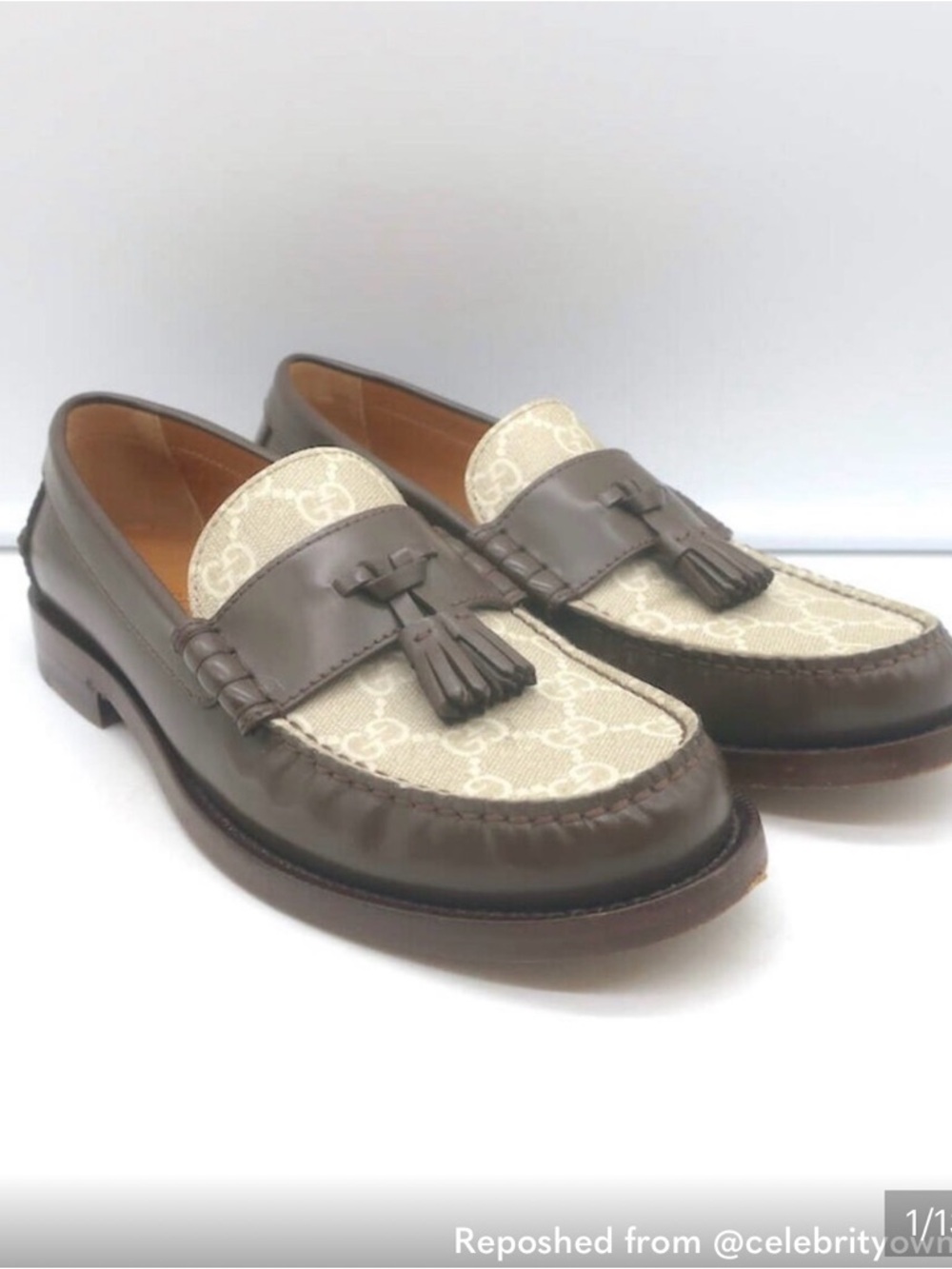 Gucci Brown Leather & Beige GG Canvas Tassel Loafers